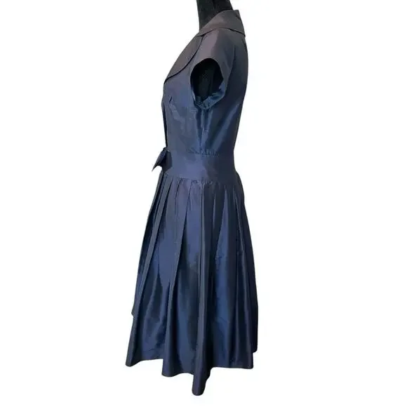 Teri Jon Navy Blue Structured Belted Silk Dress Rockabilly Wedding Guest Size 4 - Picture 4 of 12